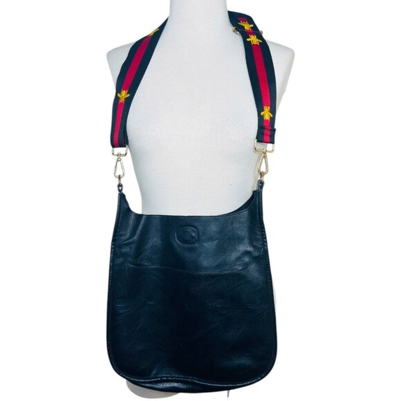 Ahdorned Studded  Leather Messenger Bag Embroidered Bee Strap & Gold Hardware - Picture 3 of 9